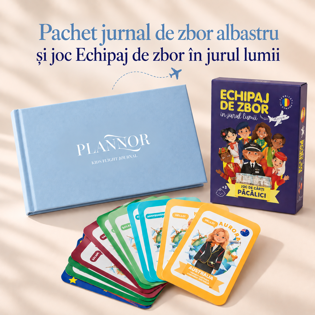 Pachet jurnal albastru și joc de cărți Echipaj de zbor în jurul lumii