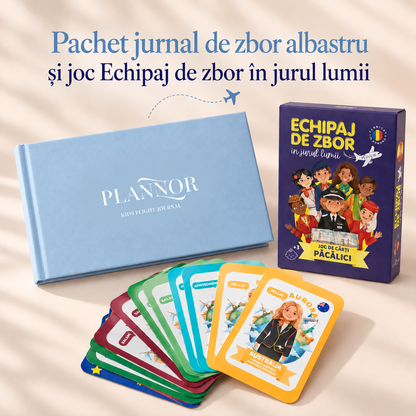 Pachet jurnal albastru și joc de cărți Echipaj de zbor în jurul lumii