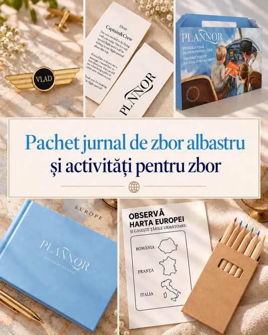Pachet jurnal albastru și supracopertă activități pentru avion