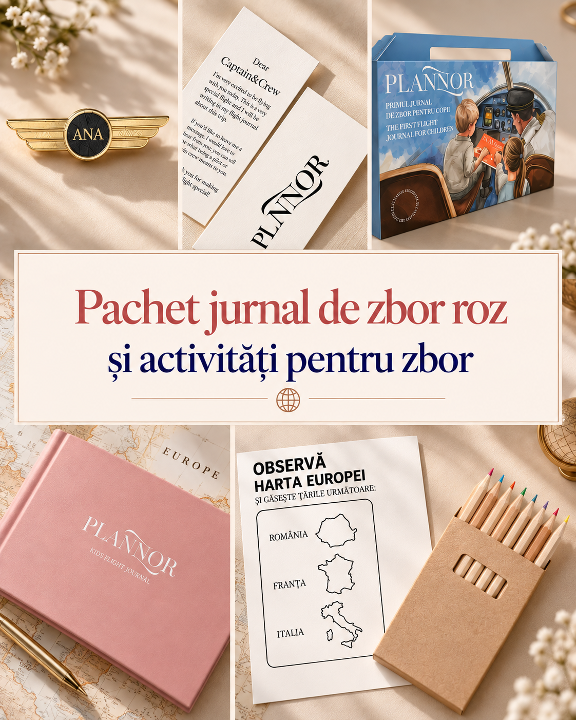 Pachet jurnal roz și supracopertă cu activități pentru avion