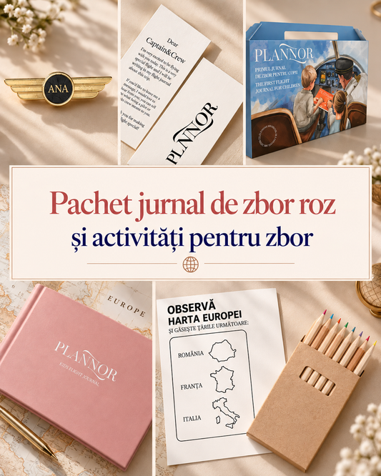 Pachet jurnal roz și supracopertă cu activități pentru avion